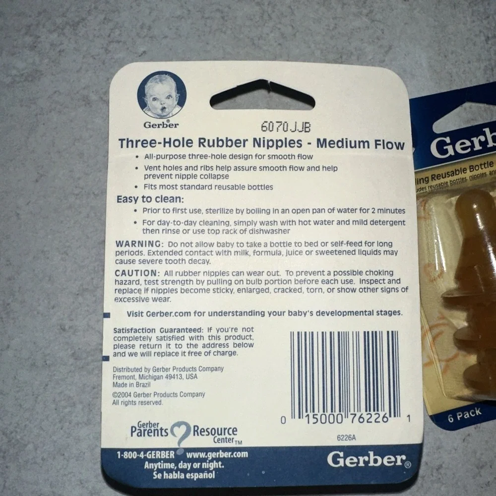 2 Pack Of 6 Gerber Bottle Three Hole Design Nipples Latex Medium Flow Head Up 4m